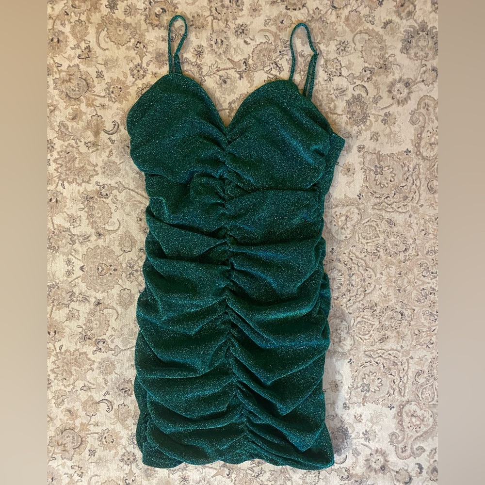 Green Ruched Glitter Dress